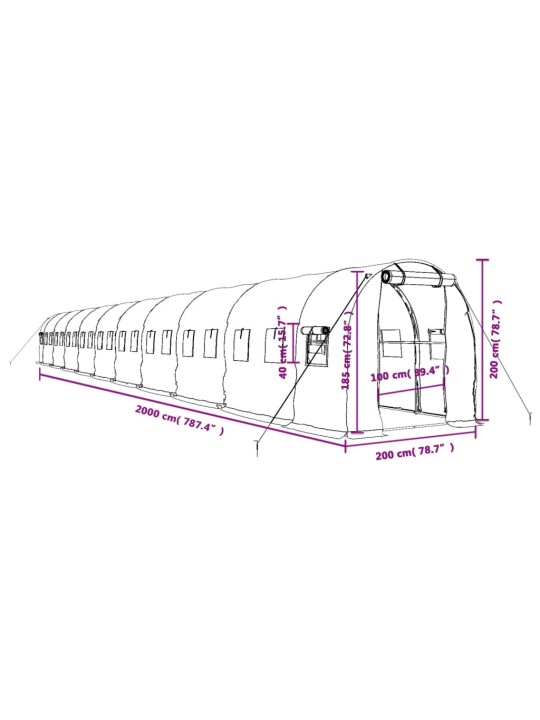 Kasvihuone teräsrungolla vihreä 40 m² 20x2x2 m