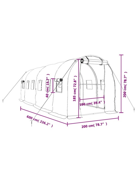 Kasvihuone teräsrungolla valkoinen 12 m² 6x2x2 m