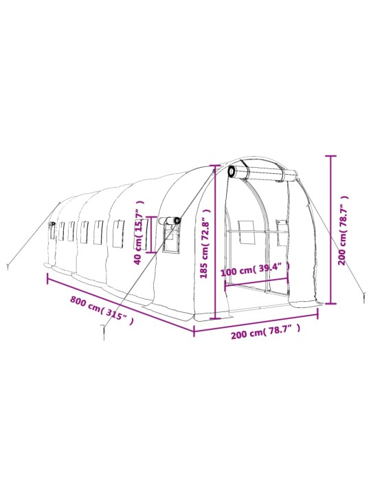 Kasvihuone teräsrungolla valkoinen 16 m² 8x2x2 m