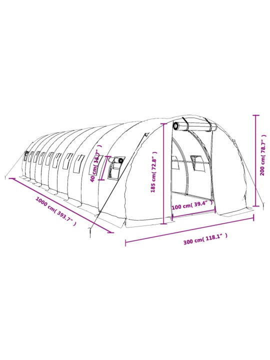 Kasvihuone teräsrungolla vihreä 30 m² 10x3x2 m