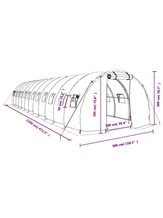 Kasvihuone teräsrungolla vihreä 36 m² 12x3x2 m