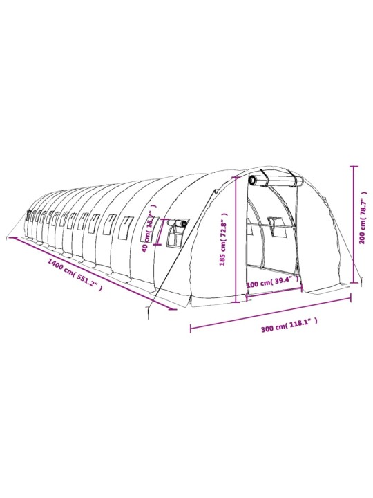 Kasvihuone teräsrungolla vihreä 42 m² 14x3x2 m