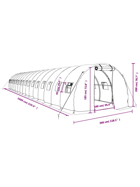 Kasvihuone teräsrungolla vihreä 48 m² 16x3x2 m