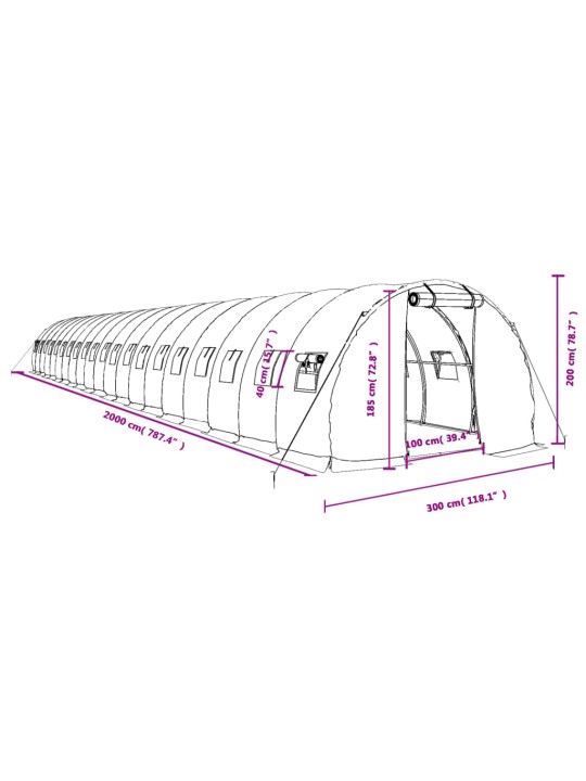 Kasvihuone teräsrungolla vihreä 60 m² 20x3x2 m