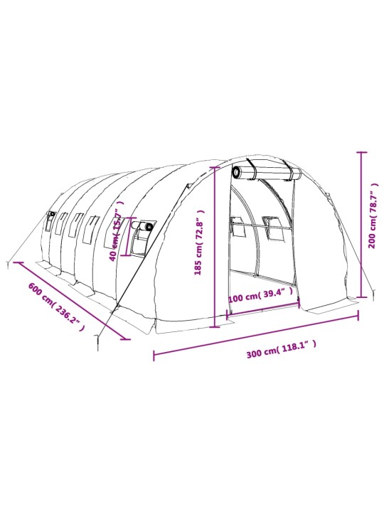 Kasvihuone teräsrungolla valkoinen 18 m² 6x3x2 m