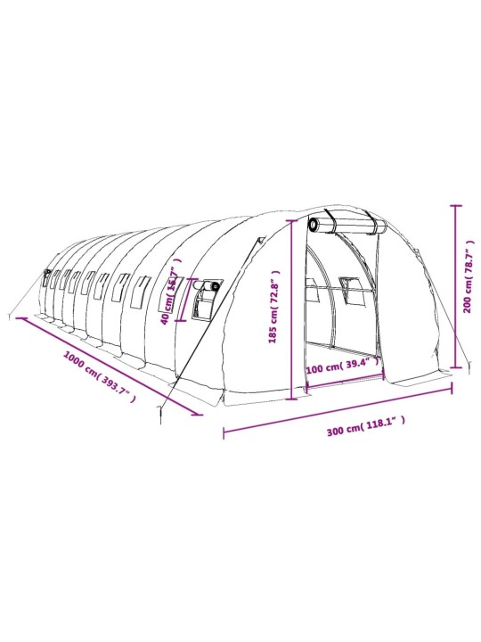 Kasvihuone teräsrungolla valkoinen 30 m² 10x3x2 m