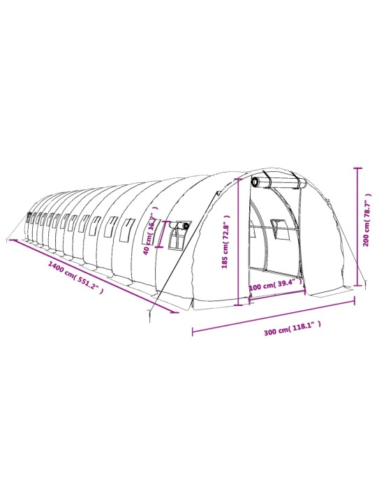 Kasvihuone teräsrungolla valkoinen 42 m² 14x3x2 m