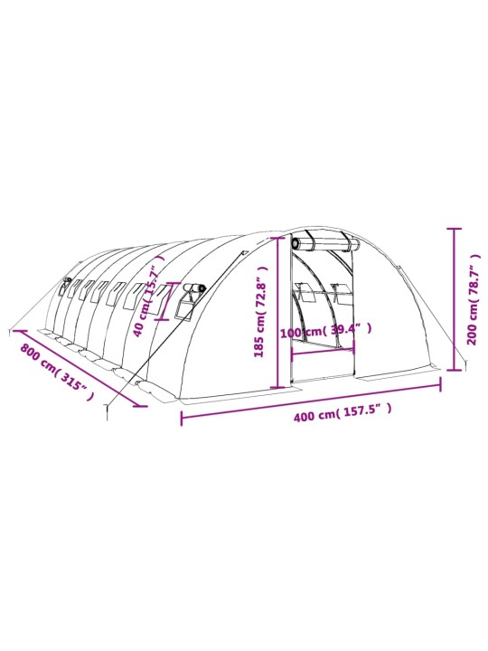 Kasvihuone teräsrungolla vihreä 32 m² 8x4x2 m