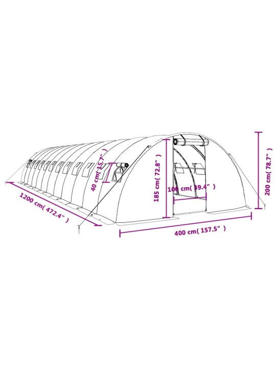 Kasvihuone teräsrungolla vihreä 48 m² 12x4x2 m