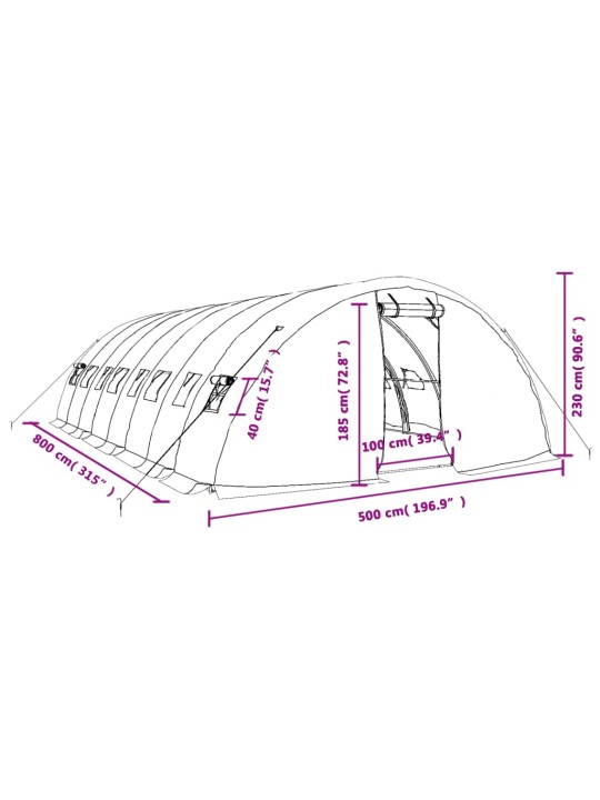 Kasvihuone teräsrungolla vihreä 40 m² 8x5x2,3 m