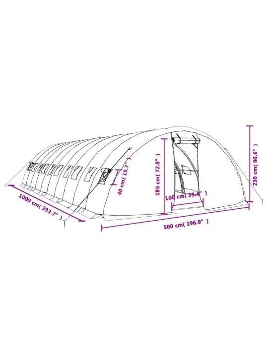 Kasvihuone teräsrungolla vihreä 50 m² 10x5x2,3 m