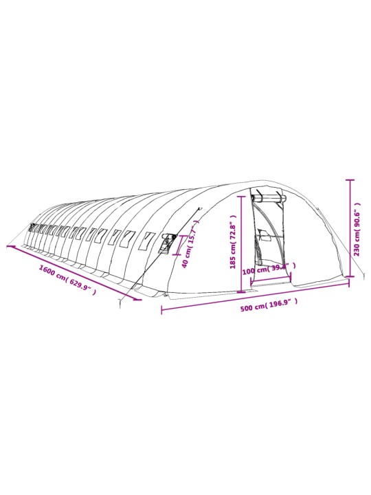 Kasvihuone teräsrungolla valkoinen 80 m² 16x5x2,3 m