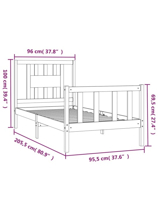 Sängynrunko päätylevyllä musta 90x200 cm täysi mänty