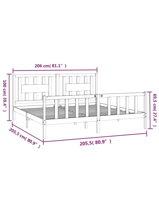 Sängynrunko päätylevyllä valkoinen täysi mänty 200x200 cm