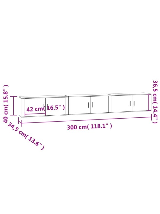 Seinäkiinnitettävät TV-kaapit 3 kpl korkeakiilto 100x34,5x40 cm