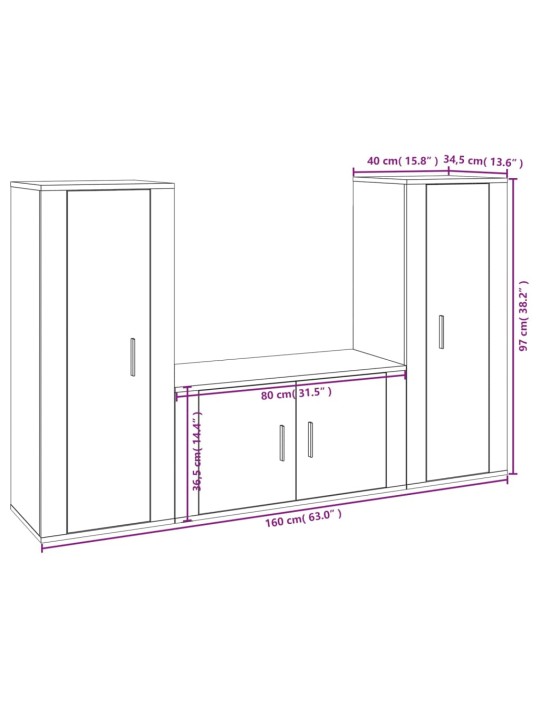 3-osainen TV-kaappisarja ruskea tammi tekninen puu