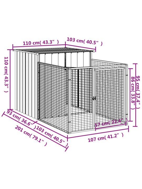 Koirankoppi/ulkotila antrasiit. 110x201x110 cm galvanoitu teräs