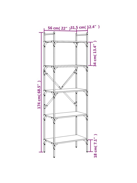Kirjahylly 5 kerrosta Sonoma-tammi 56x31,5x174 cm tekninen puu