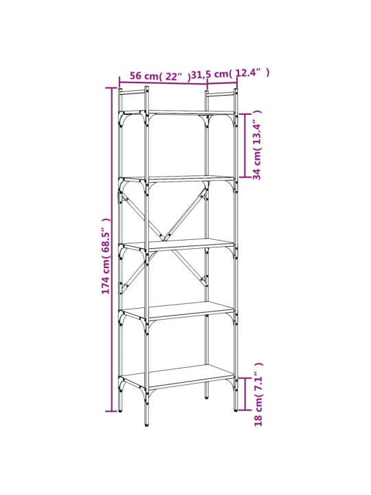 Kirjahylly 5 kerrosta savutammi 56x31,5x174 cm tekninen puu