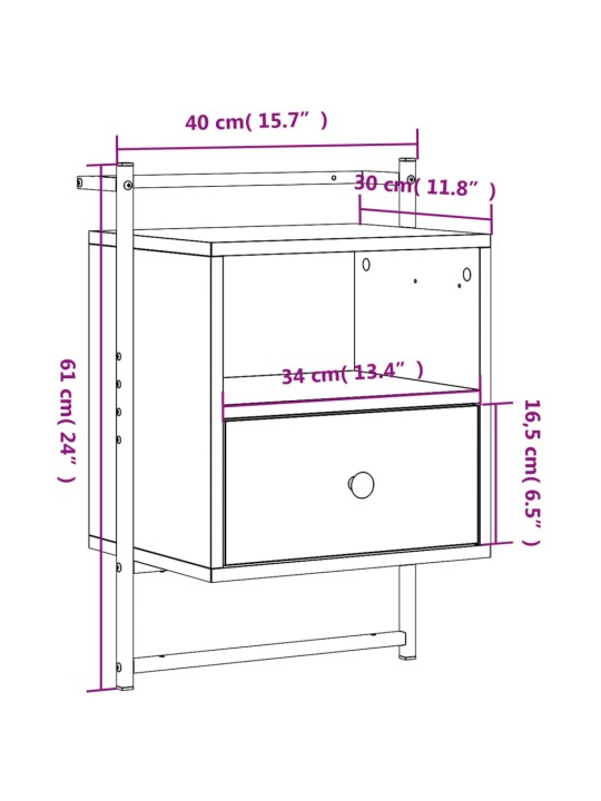 Yöpöytä seinälle ruskea tammi 40x30x61 cm tekninen puu