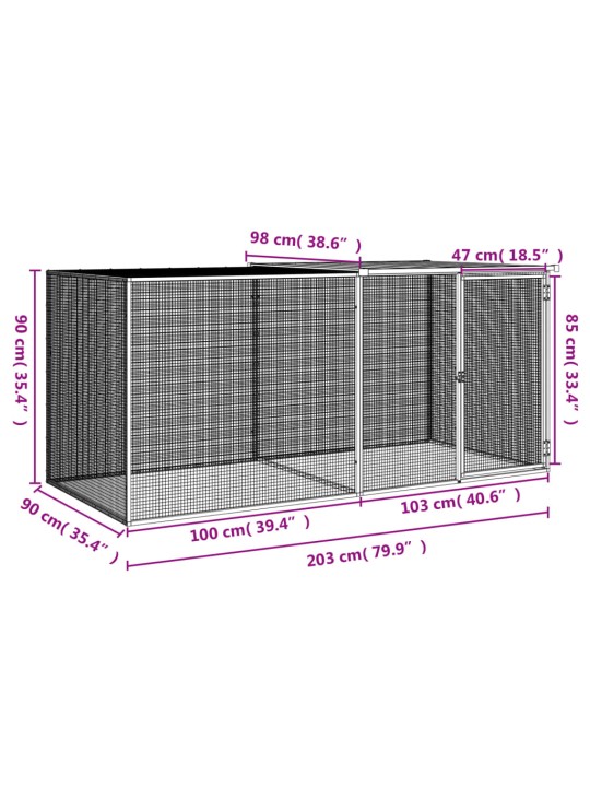 Kanahäkki katolla antrasiitti 203x98x90 cm galvanoitu teräs