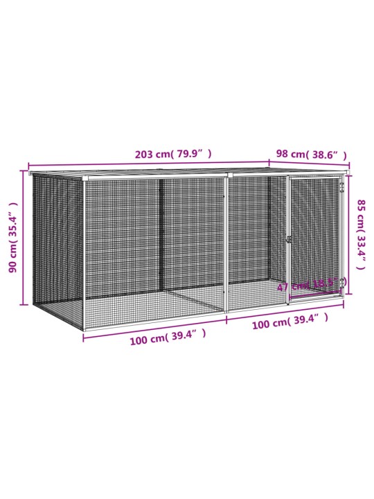 Kanahäkki katolla antrasiitti 203x98x90 cm galvanoitu teräs