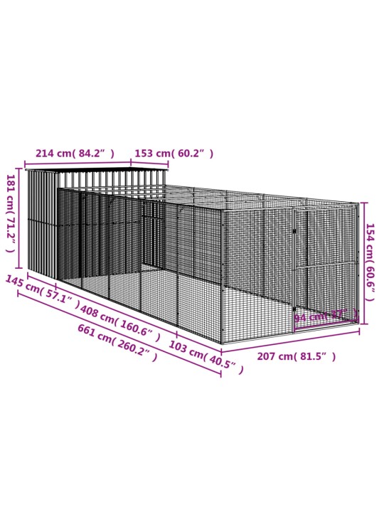 Koirankoppi/ulkotila v.harmaa 214x661x181 cm galvanoitu teräs