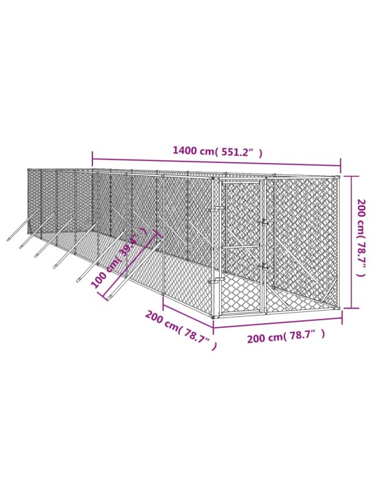 Koiran ulkohäkki hopea 2x14x2 m galvanoitu teräs