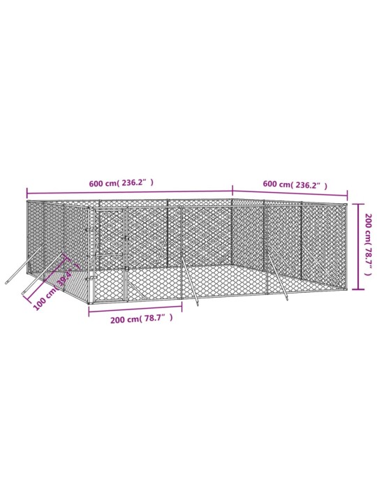 Koiran ulkohäkki hopea 6x6x2 m galvanoitu teräs