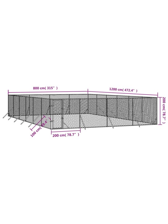 Koiran ulkohäkki hopea 8x12x2 m galvanoitu teräs