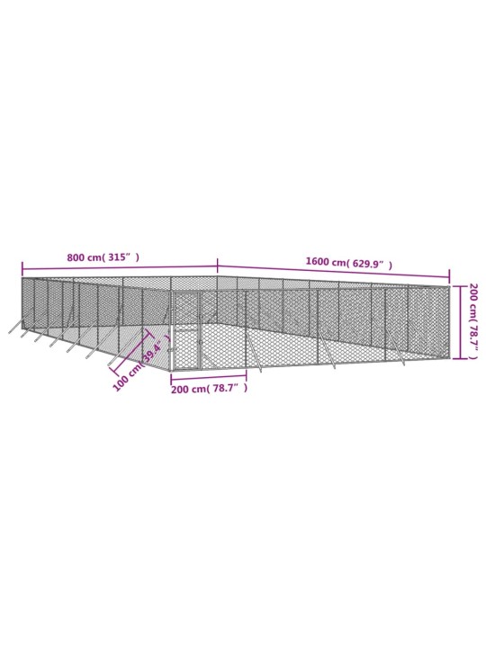 Koiran ulkohäkki hopea 8x16x2 m galvanoitu teräs