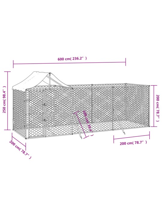 Koiran ulkohäkki katolla hopea 6x2x2,5 m galvanoitu teräs