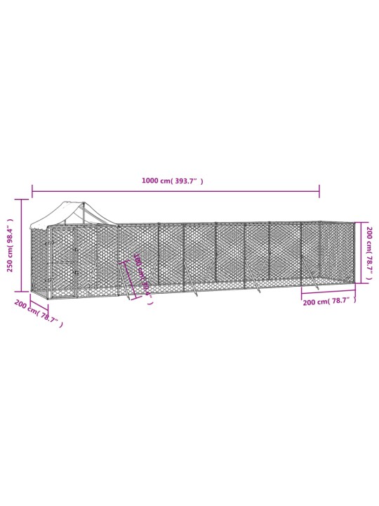 Koiran ulkohäkki katolla hopea 10x2x2,5 m galvanoitu teräs