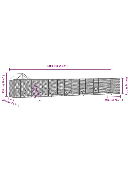 Koiran ulkohäkki katolla hopea 14x2x2,5 m galvanoitu teräs