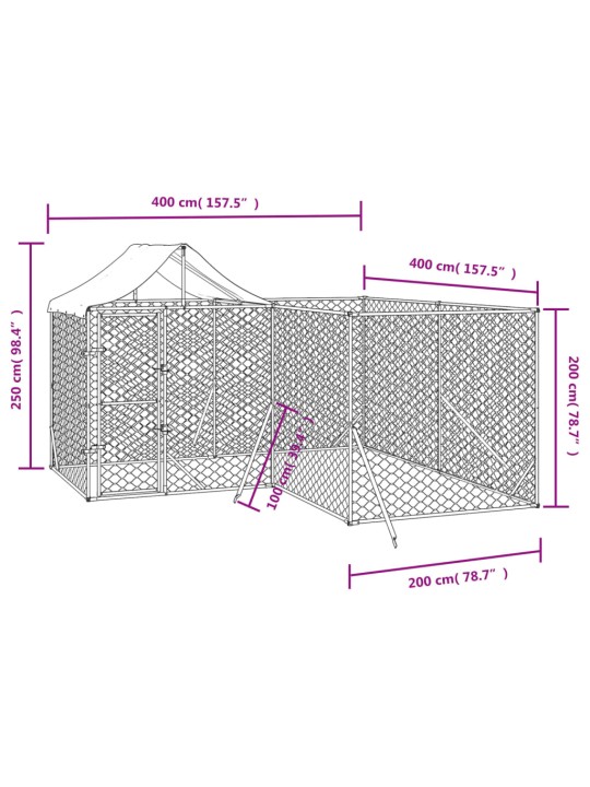 Koiran ulkohäkki katolla hopea 4x4x2,5 m galvanoitu teräs