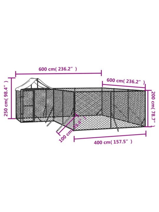 Koiran ulkohäkki katolla hopea 6x6x2,5 m galvanoitu teräs