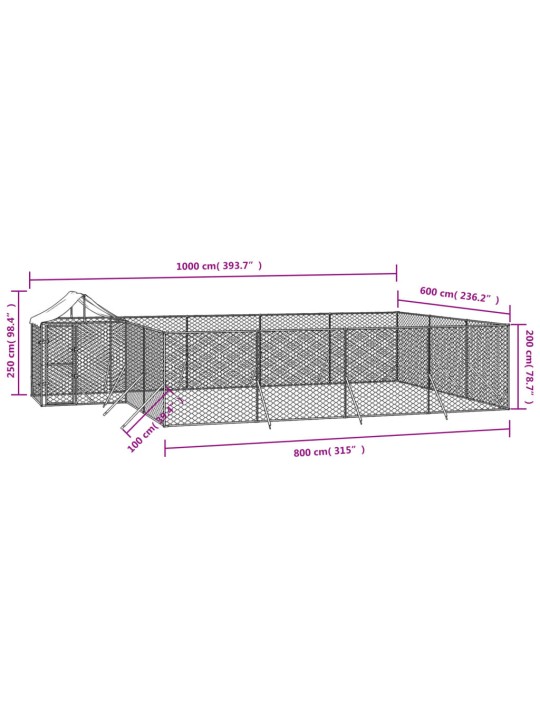 Koiran ulkohäkki katolla hopea 10x6x2,5 m galvanoitu teräs