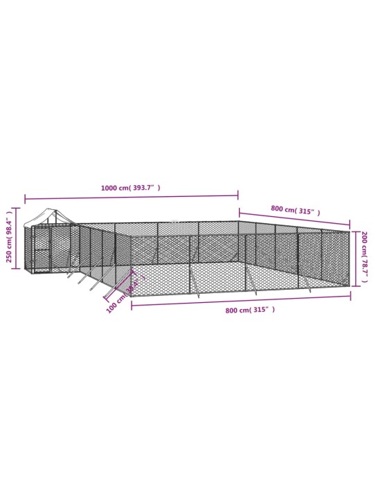 Koiran ulkohäkki katolla hopea 10x8x2,5 m galvanoitu teräs