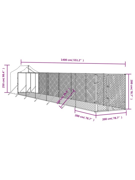 Koiran ulkohäkki katolla hopea 2x14x2,5 m galvanoitu teräs