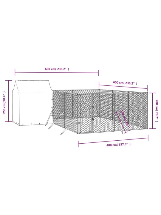 Koiran ulkohäkki katolla hopea 6x6x2,5 m galvanoitu teräs