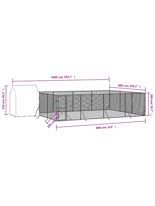 Koiran ulkohäkki katolla hopea 10x6x2,5 m galvanoitu teräs