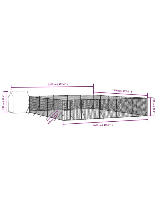 Koiran ulkohäkki katolla hopea 12x12x2,5 m galvanoitu teräs