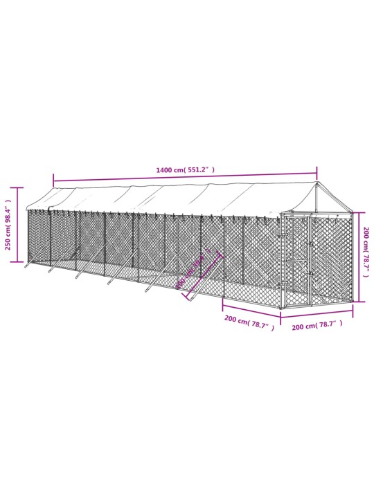 Koiran ulkohäkki katolla hopea 2x14x2,5 m galvanoitu teräs