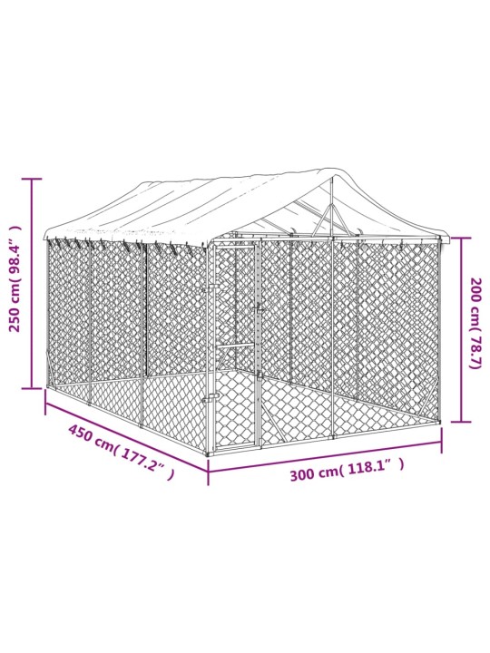 Koiran ulkohäkki katolla hopea 3x4,5x2,5 m galvanoitu teräs