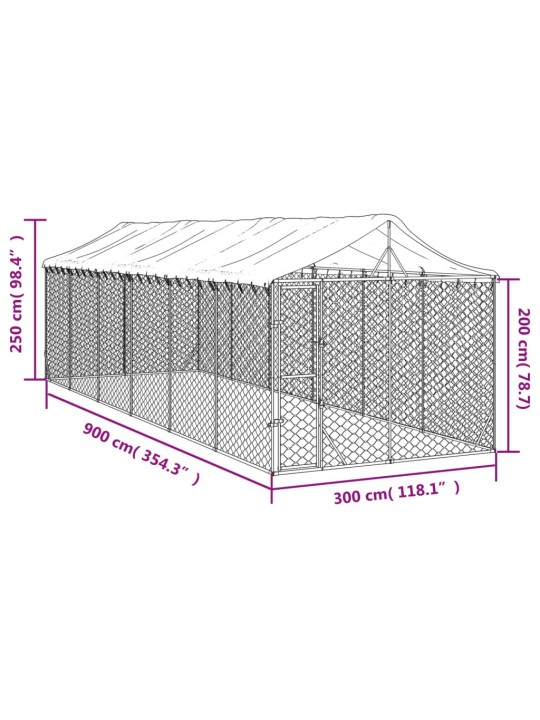 Koiran ulkohäkki katolla hopea 3x9x2,5 m galvanoitu teräs