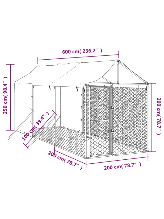 Koiran ulkohäkki katolla hopea 2x6x2,5 m galvanoitu teräs