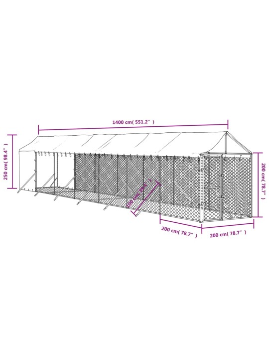 Koiran ulkohäkki katolla hopea 2x14x2,5 m galvanoitu teräs