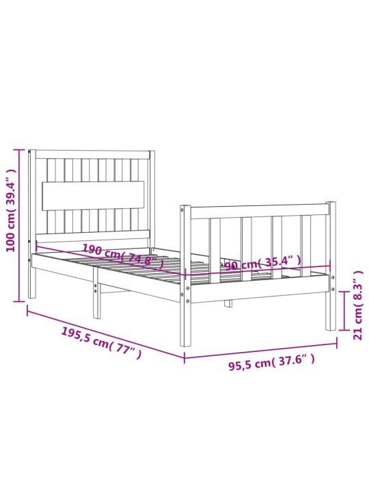 Sängynrunko päädyllä valkoinen 3FT Single täysi puu