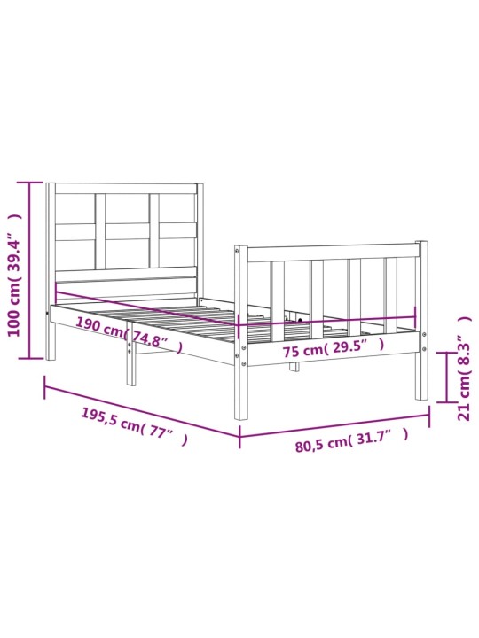 Sängynrunko päädyllä musta 2FT6 Small Single täysi puu