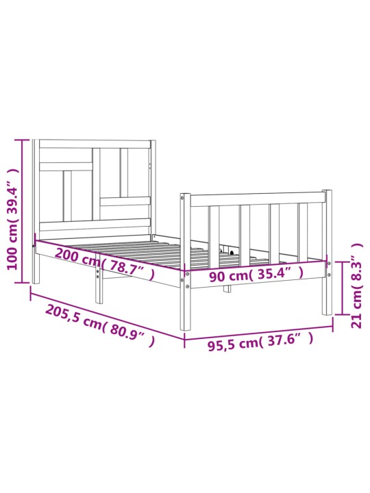 Sängynrunko päädyllä musta 90x200 cm täysi puu